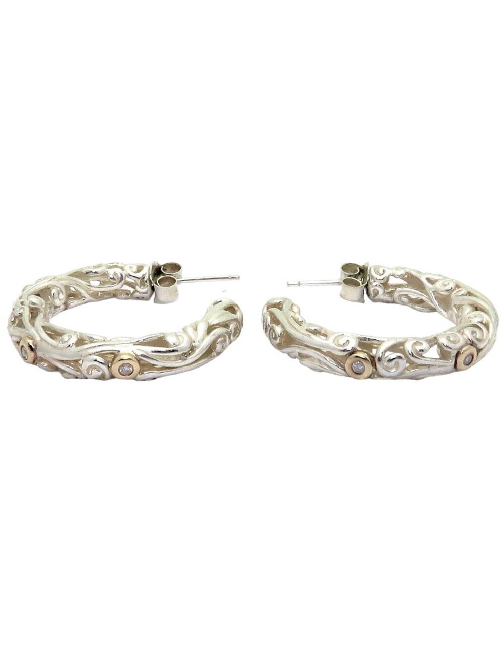 Vintage ATR 925 Sterling Silver & 14K Gold Diamond Filigree Hoop Earrings 10.3g